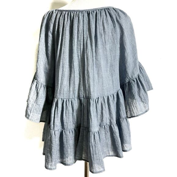 MUSTARD SEED Blue Chambray Ruffle Frills Tiered Dolman Bell Sleeve Blouse Top - Picture 3 of 6